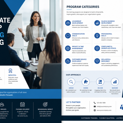 Two-page corporate training catalog spread: left side shows a presenter in a gray blazer addressing a group, with bold white-and-blue titles; right side lists program categories with icons and photos of professionals collaborating.